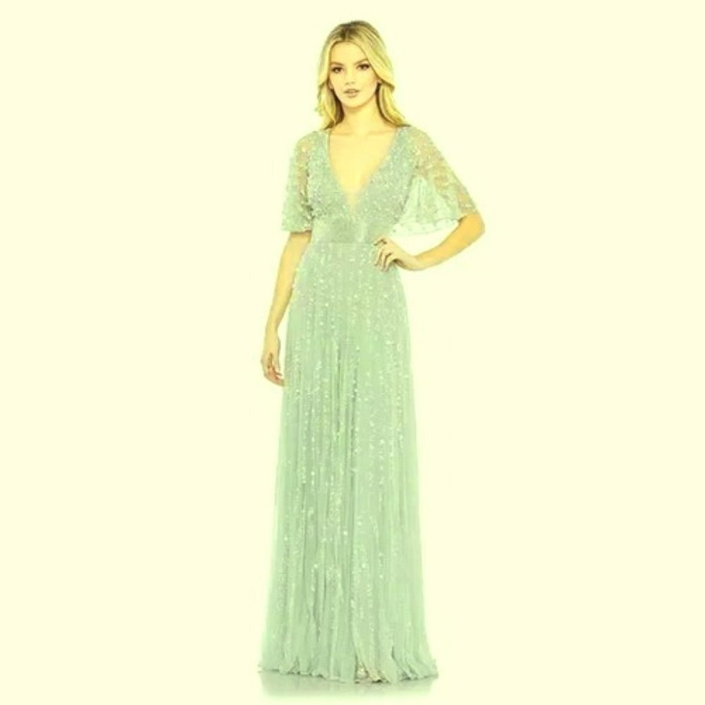 Mac Duggal Mint Green Embellished Plunge Neck Tulle Column Gown